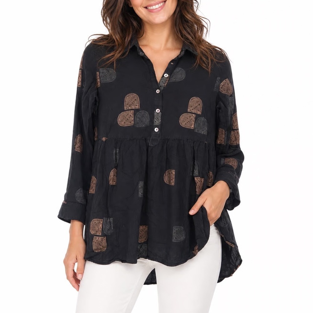 Utsa Womens Small Black Cotton Geometric Block Print Babydoll Tunic Top Shirt